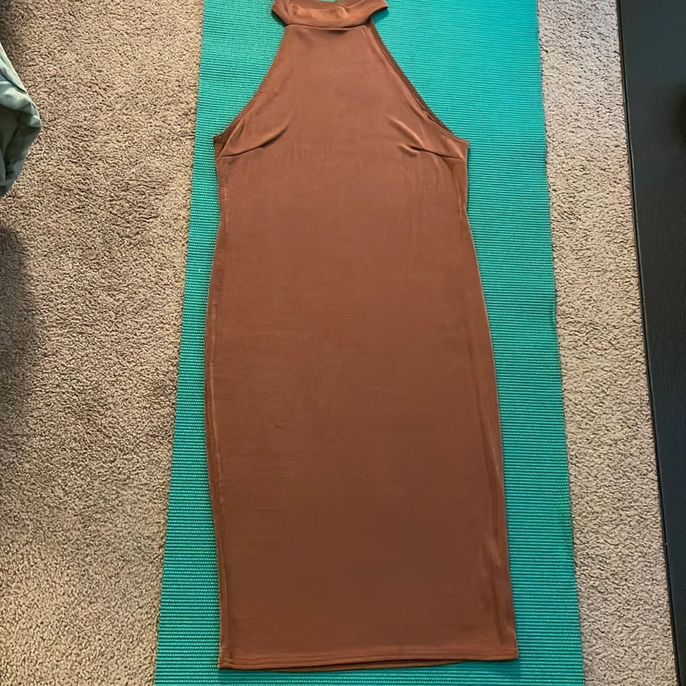 Bronze sleeveless halter dress by boohoo in size 14. Stretchy, shimmery, sexy